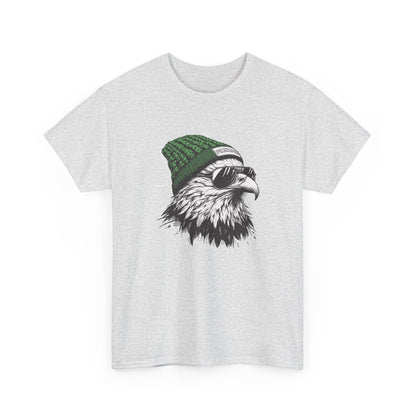 Ash Philly eagle beanie t-shirt with eagle in green knit hat and aviators, front view