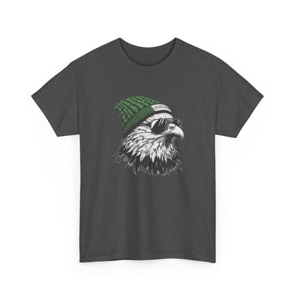 Dark Heather Philly eagle beanie t-shirt with eagle in green knit hat and aviators, front view