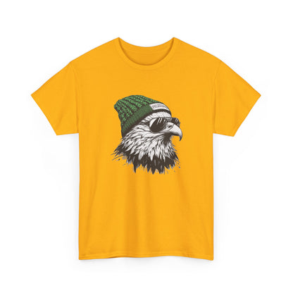 Gold Philly eagle beanie t-shirt with eagle in green knit hat and aviators, front view