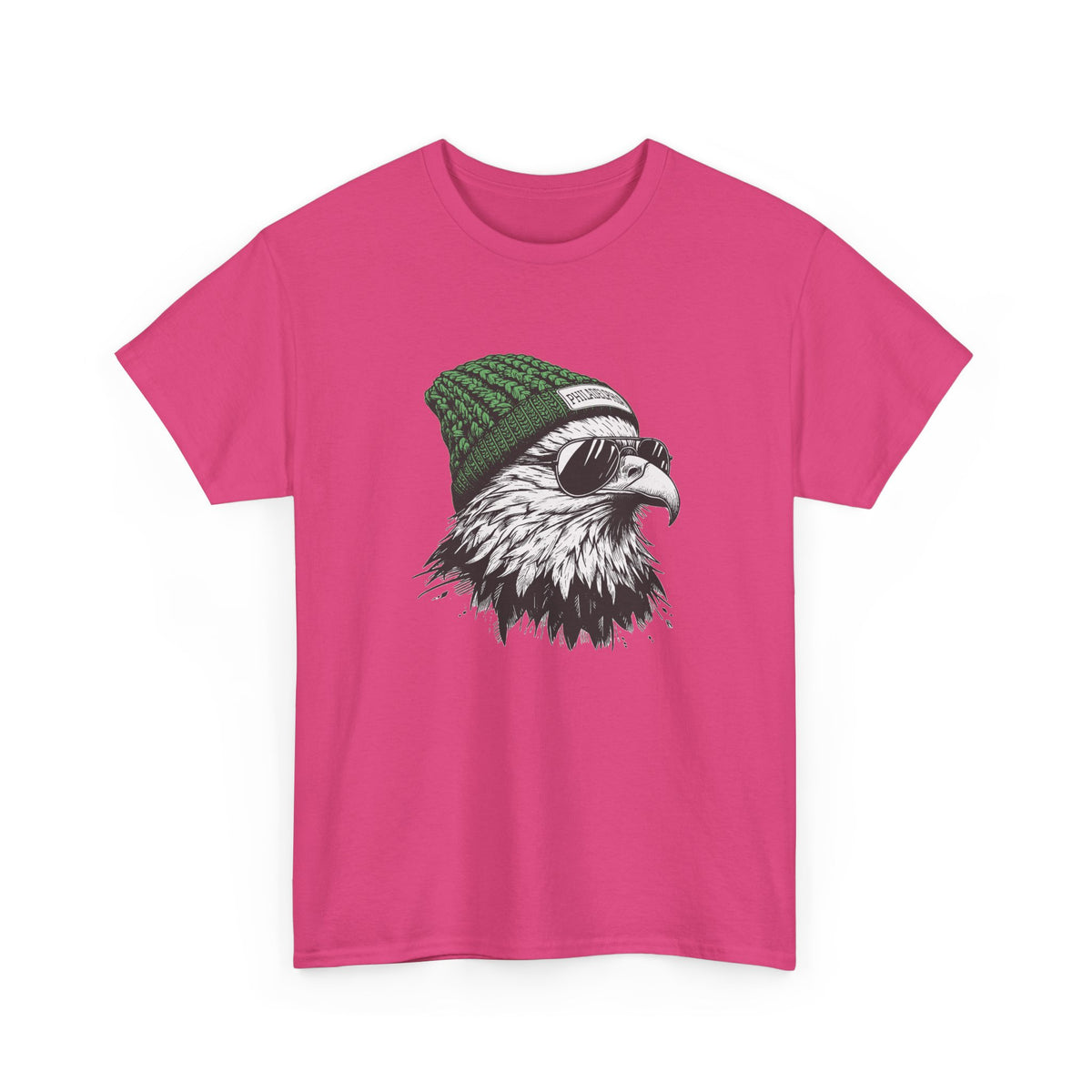Heliconia Philly eagle beanie t-shirt with eagle in green knit hat and aviators, front view
