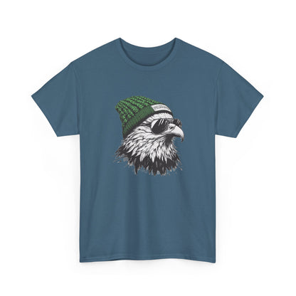 Indigo Blue Philly eagle beanie t-shirt with eagle in green knit hat and aviators, front view