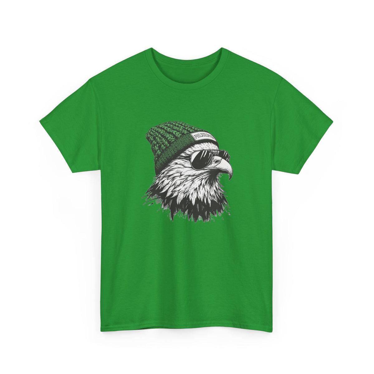 Irish Green Philly eagle beanie t-shirt with eagle in green knit hat and aviators, front view