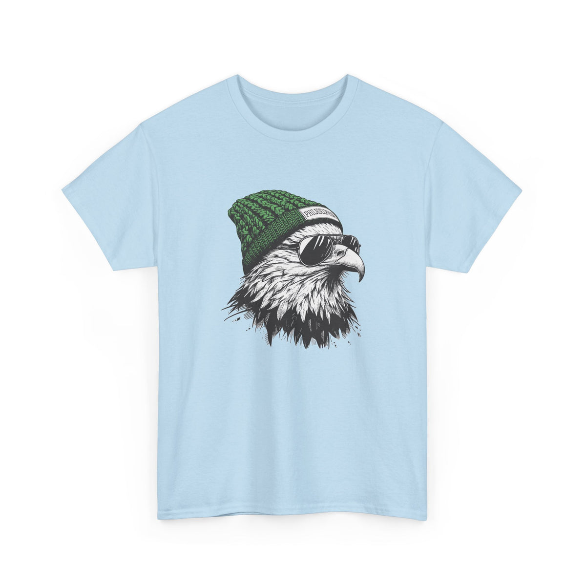 Light Blue Philly eagle beanie t-shirt with eagle in green knit hat and aviators, front view