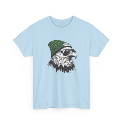 Light Blue Philly eagle beanie t-shirt with eagle in green knit hat and aviators, front view
