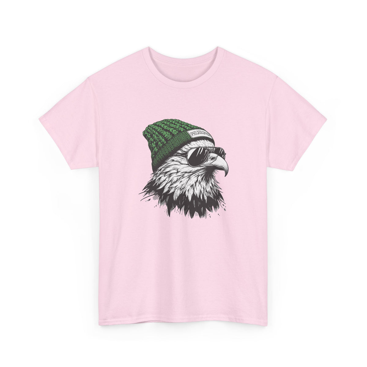 Light Pink Philly eagle beanie t-shirt with eagle in green knit hat and aviators, front view