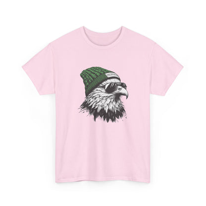 Light Pink Philly eagle beanie t-shirt with eagle in green knit hat and aviators, front view