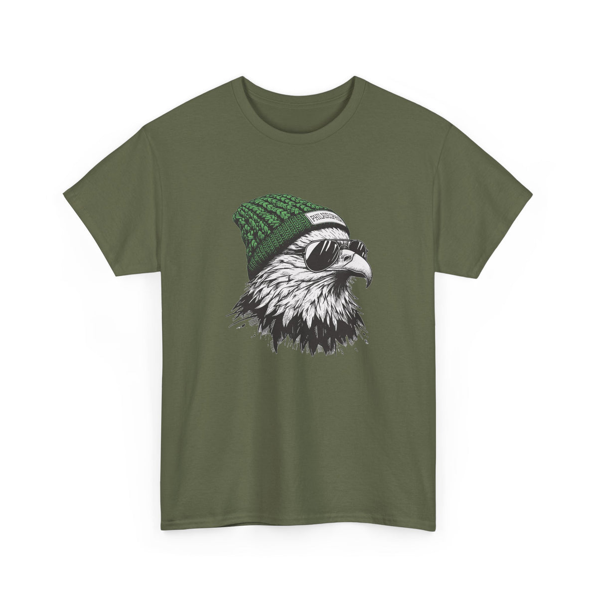 Military Green Philly eagle beanie t-shirt with eagle in green knit hat and aviators, front view
