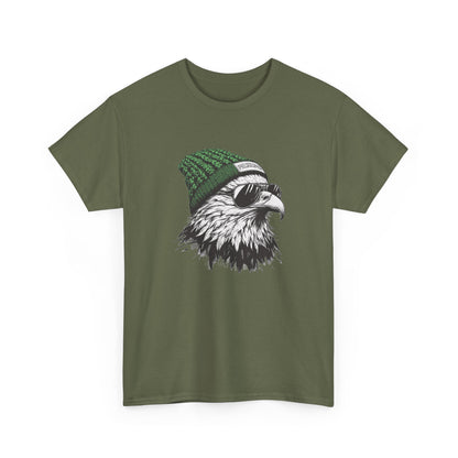 Military Green Philly eagle beanie t-shirt with eagle in green knit hat and aviators, front view