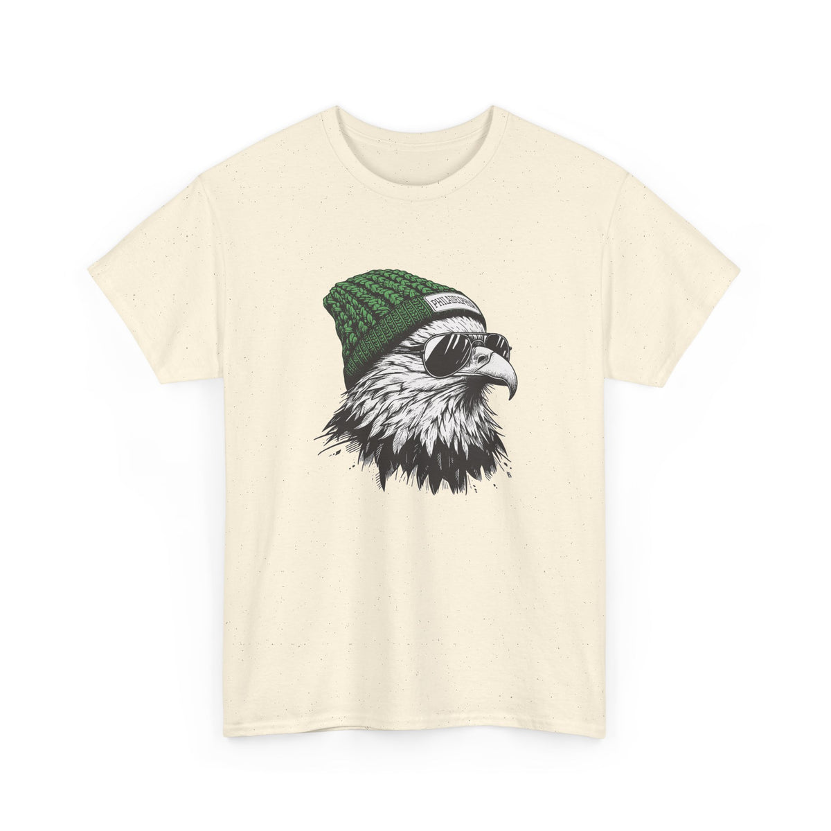 Natural Philly eagle beanie t-shirt with eagle in green knit hat and aviators, front view