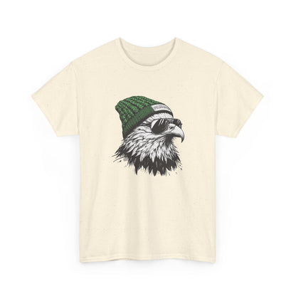 Natural Philly eagle beanie t-shirt with eagle in green knit hat and aviators, front view