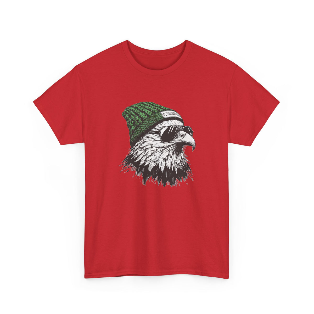 Red Philly eagle beanie t-shirt with eagle in green knit hat and aviators, front view