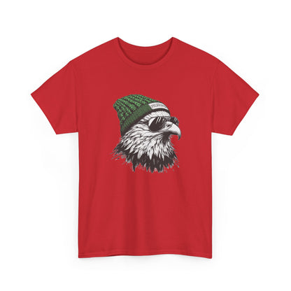 Red Philly eagle beanie t-shirt with eagle in green knit hat and aviators, front view
