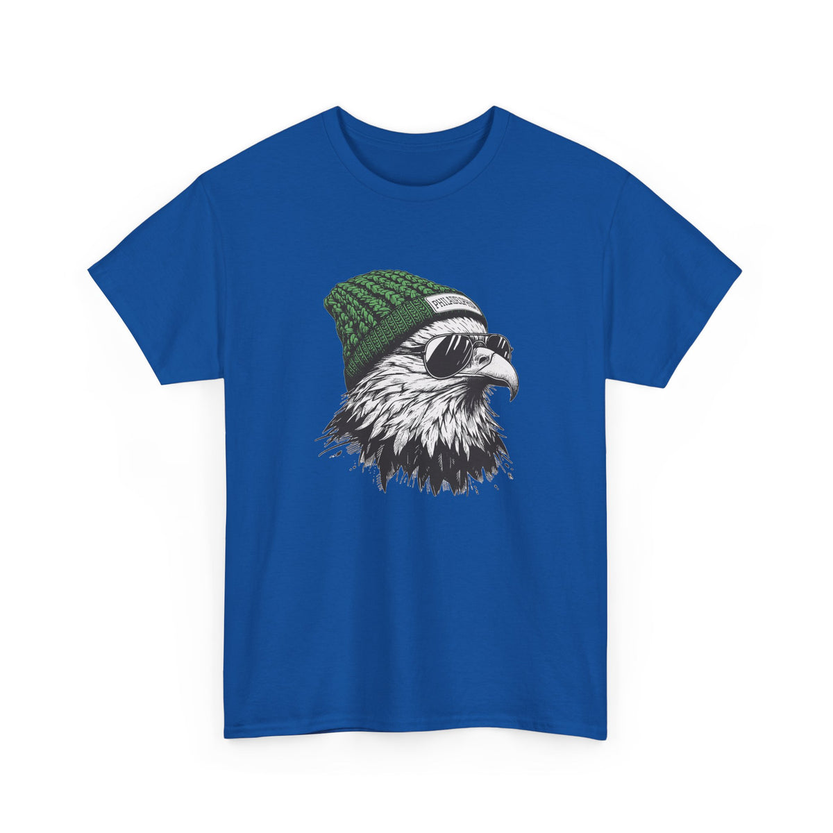Royal Philly eagle beanie t-shirt with eagle in green knit hat and aviators, front view