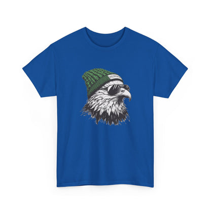 Royal Philly eagle beanie t-shirt with eagle in green knit hat and aviators, front view