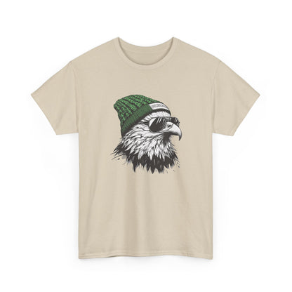 Sand Philly eagle beanie t-shirt with eagle in green knit hat and aviators, front view