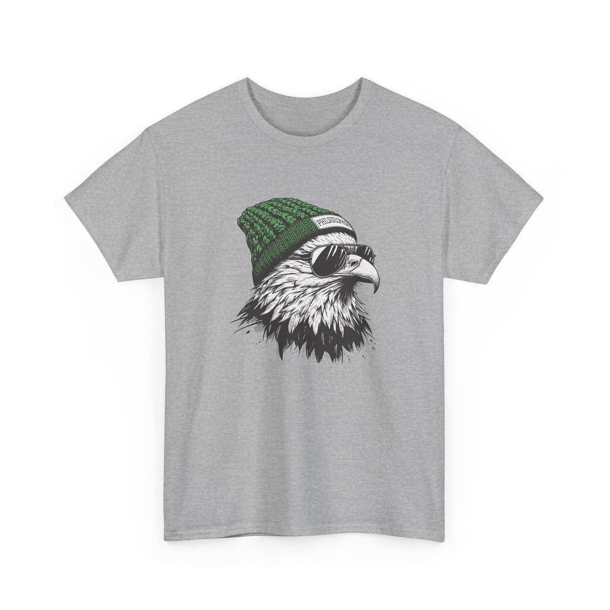 Sport Grey Philly eagle beanie t-shirt with eagle in green knit hat and aviators, front view