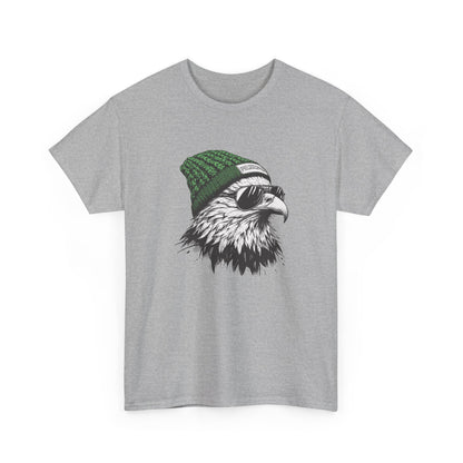 Sport Grey Philly eagle beanie t-shirt with eagle in green knit hat and aviators, front view