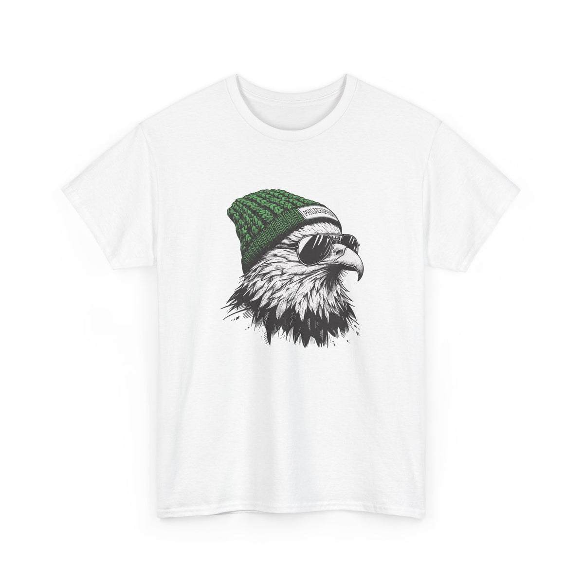 White Philly eagle beanie t-shirt with eagle in green knit hat and aviators, front view