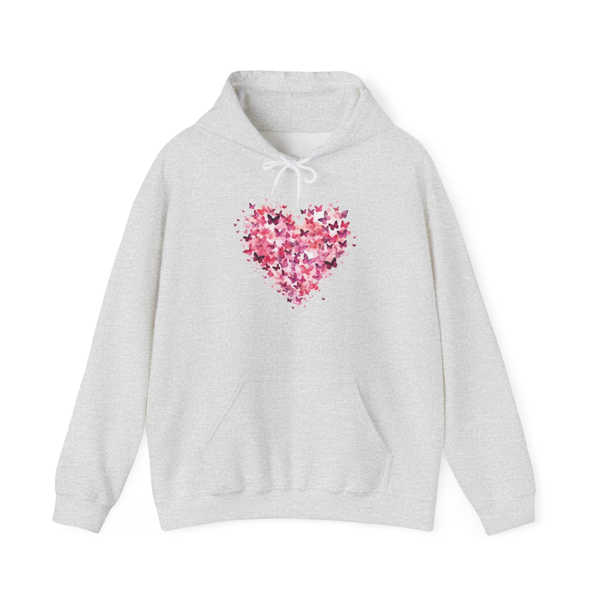 Ash grey butterfly heart hoodie with watercolour butterflies forming a heart