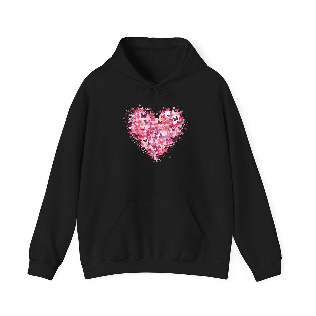 Black butterfly heart hoodie with watercolour butterflies forming a heart