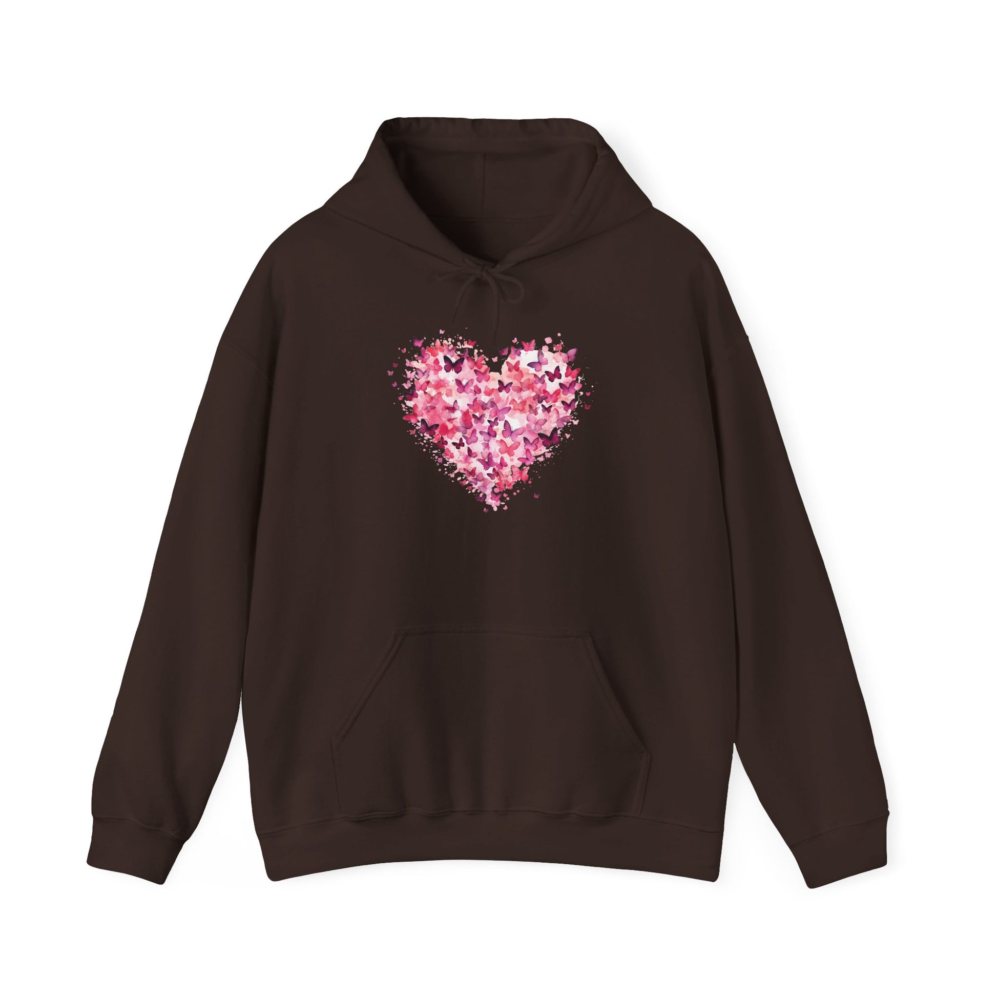 Dark chocolate butterfly heart hoodie with watercolour butterflies forming a heart