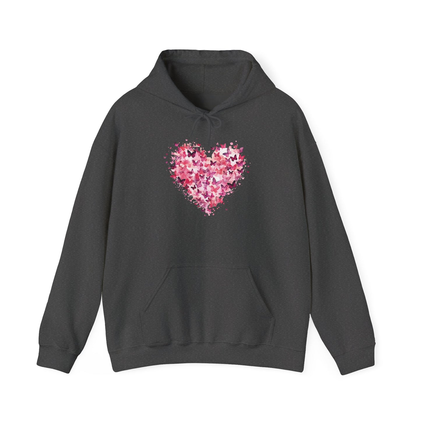 Dark heather butterfly heart hoodie with watercolour butterflies forming a heart