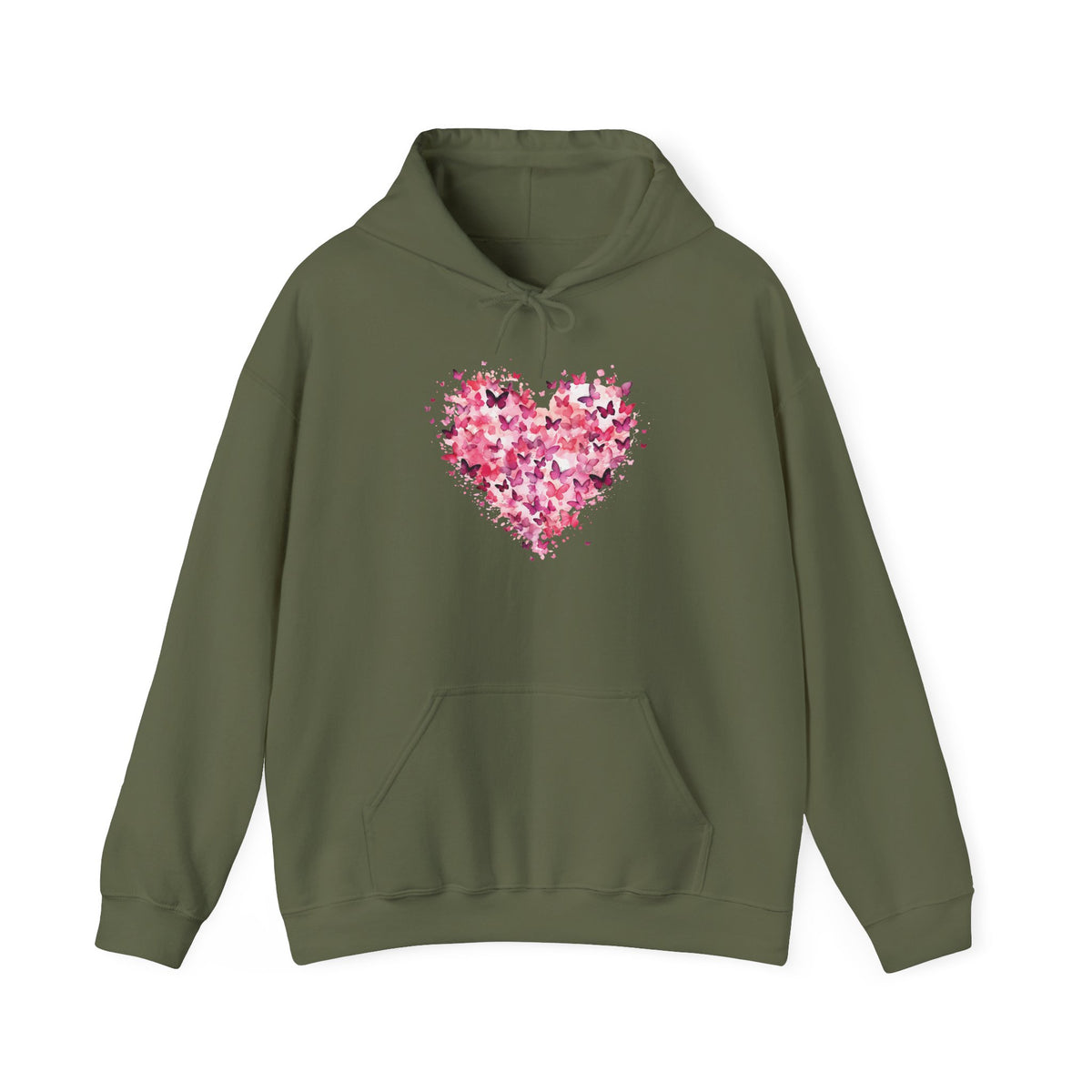 Military green butterfly heart hoodie with watercolour butterflies forming a heart