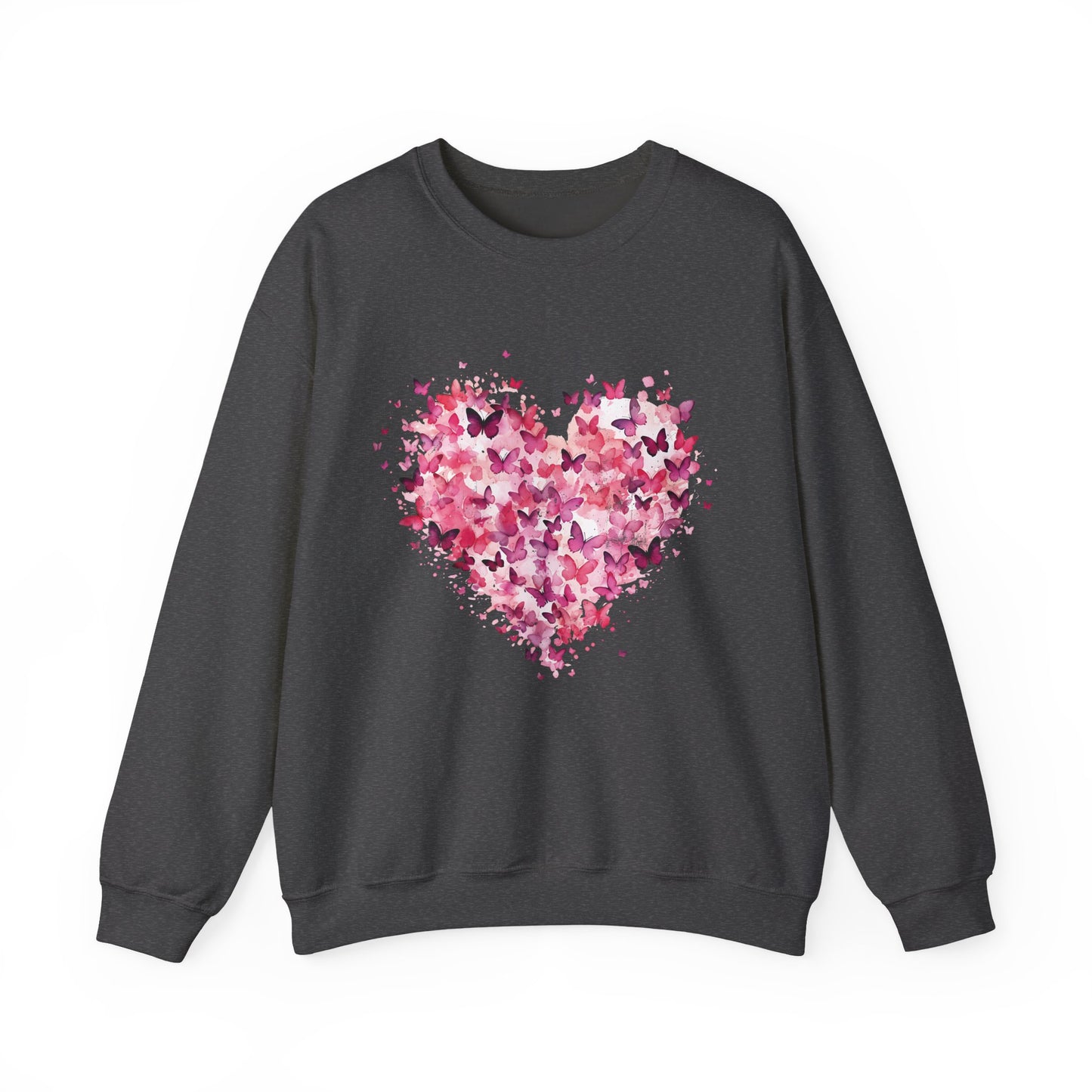 Dark heather butterfly heart sweatshirt with watercolour butterflies forming a heart