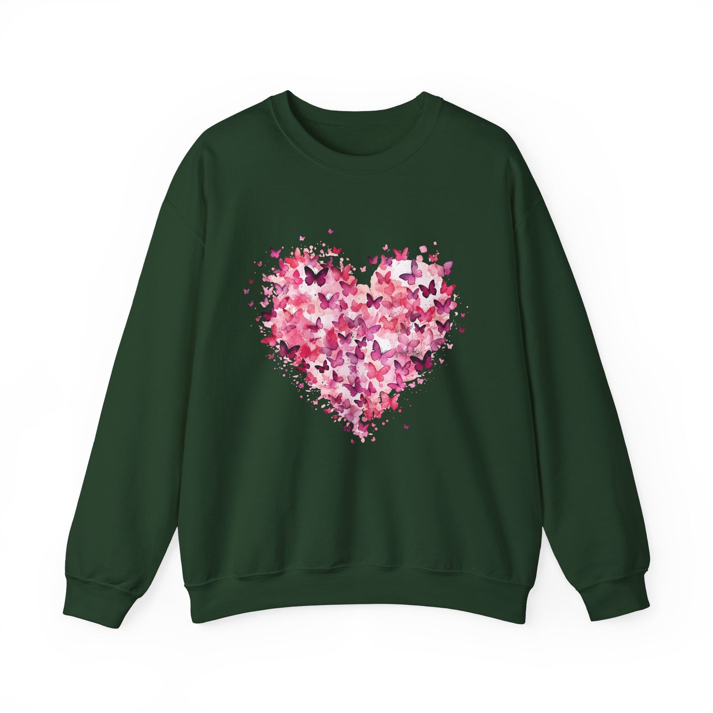 Forest green butterfly heart sweatshirt with watercolour butterflies forming a heart