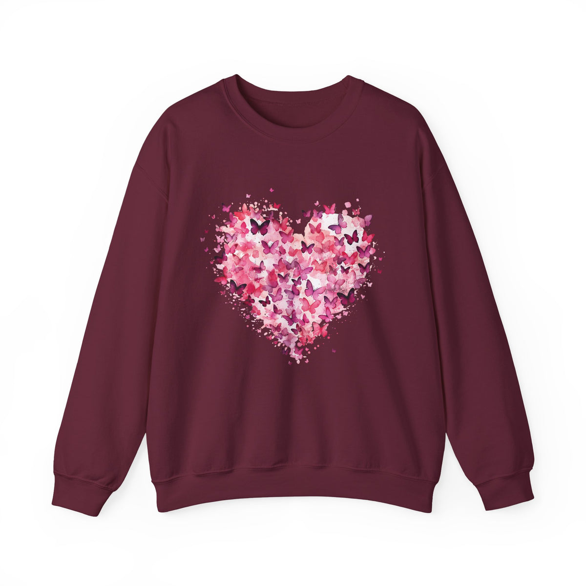 Maroon butterfly heart sweatshirt with watercolour butterflies forming a heart