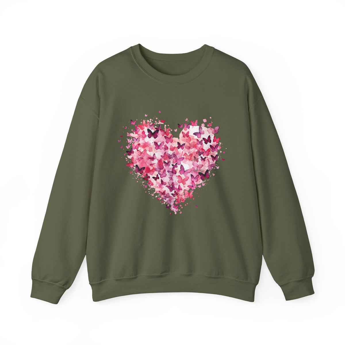 Military green butterfly heart sweatshirt with watercolour butterflies forming a heart