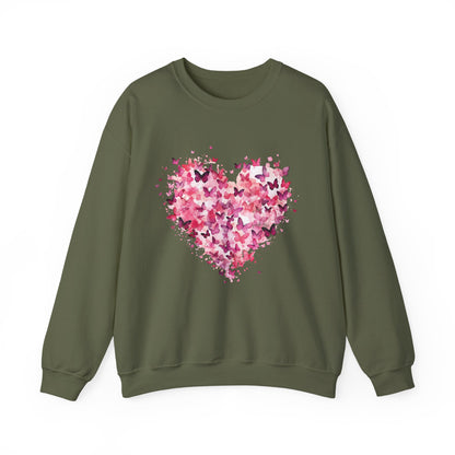 Military green butterfly heart sweatshirt with watercolour butterflies forming a heart