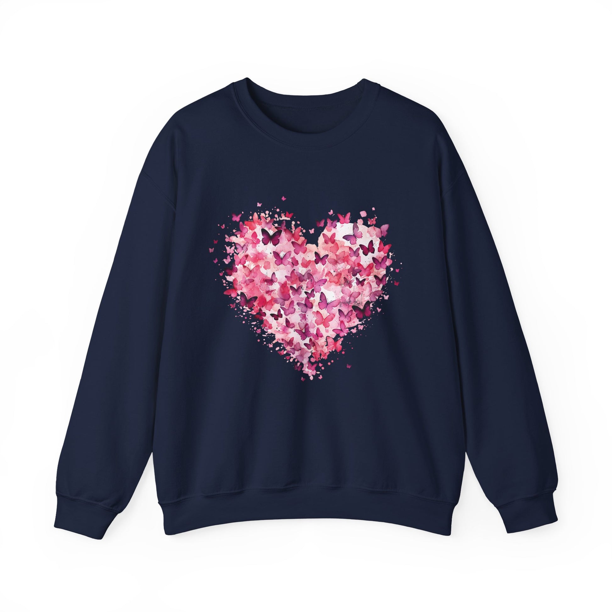 Navy butterfly heart sweatshirt with watercolour butterflies forming a heart