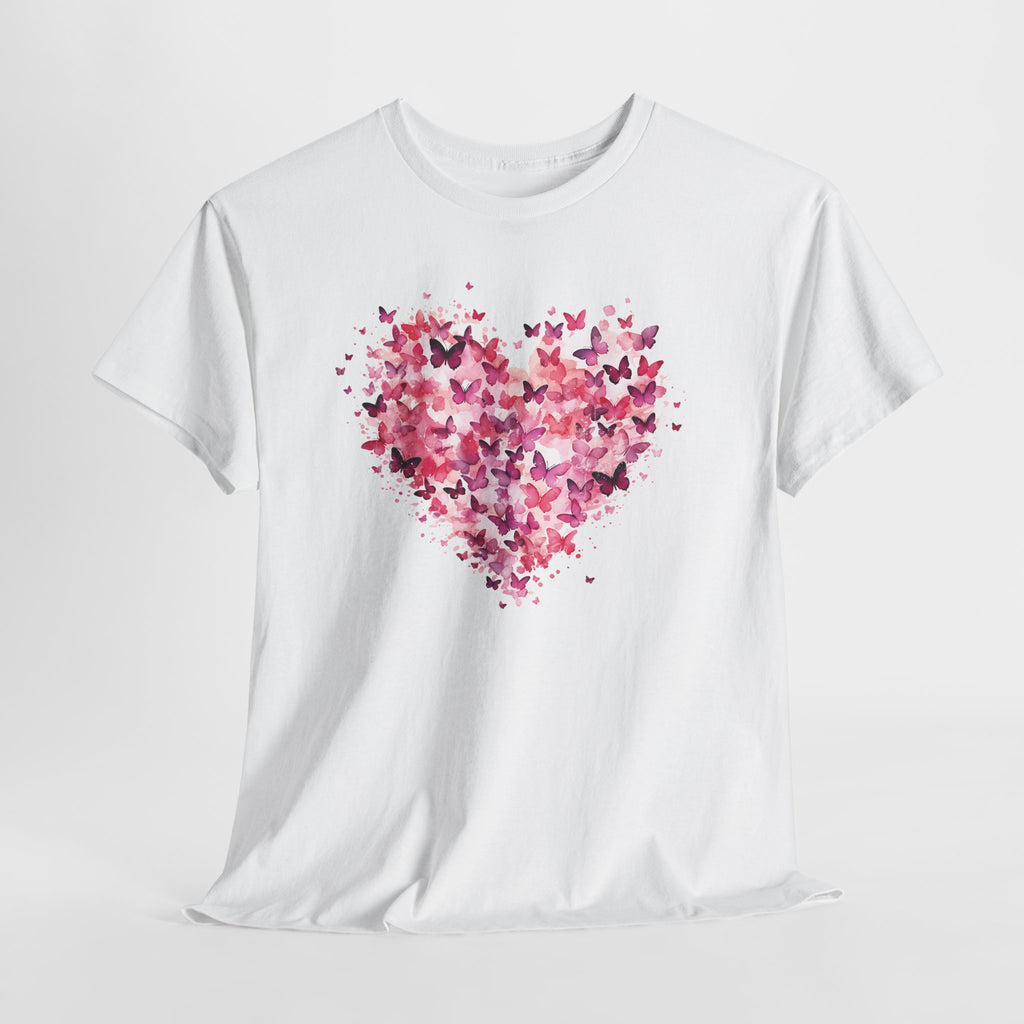 Pink butterfly heart t-shirt, flat lay