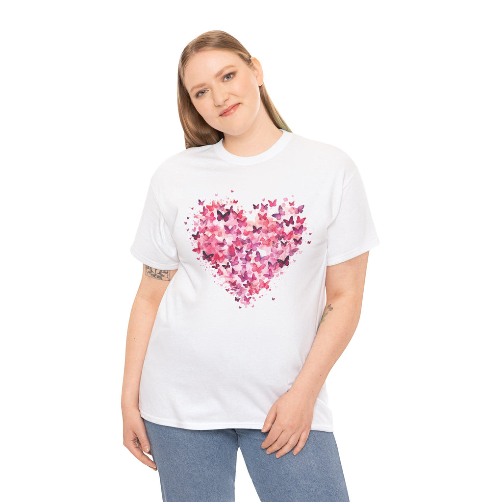 Woman wearing the pink butterfly heart t-shirt, alternative view