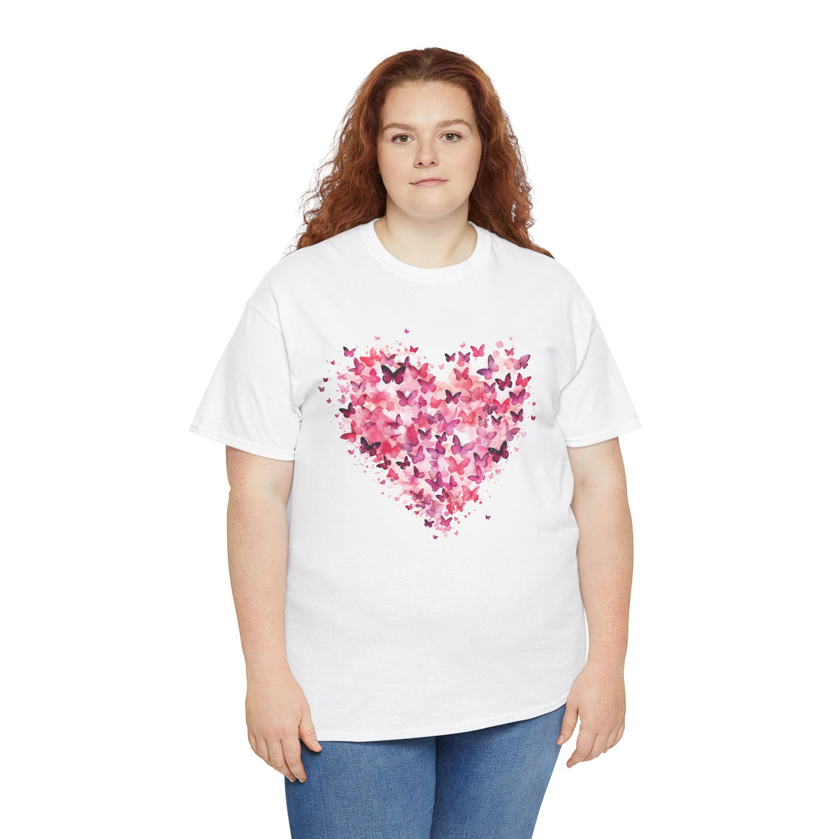 Woman wearing the pink butterfly heart t-shirt, plus size