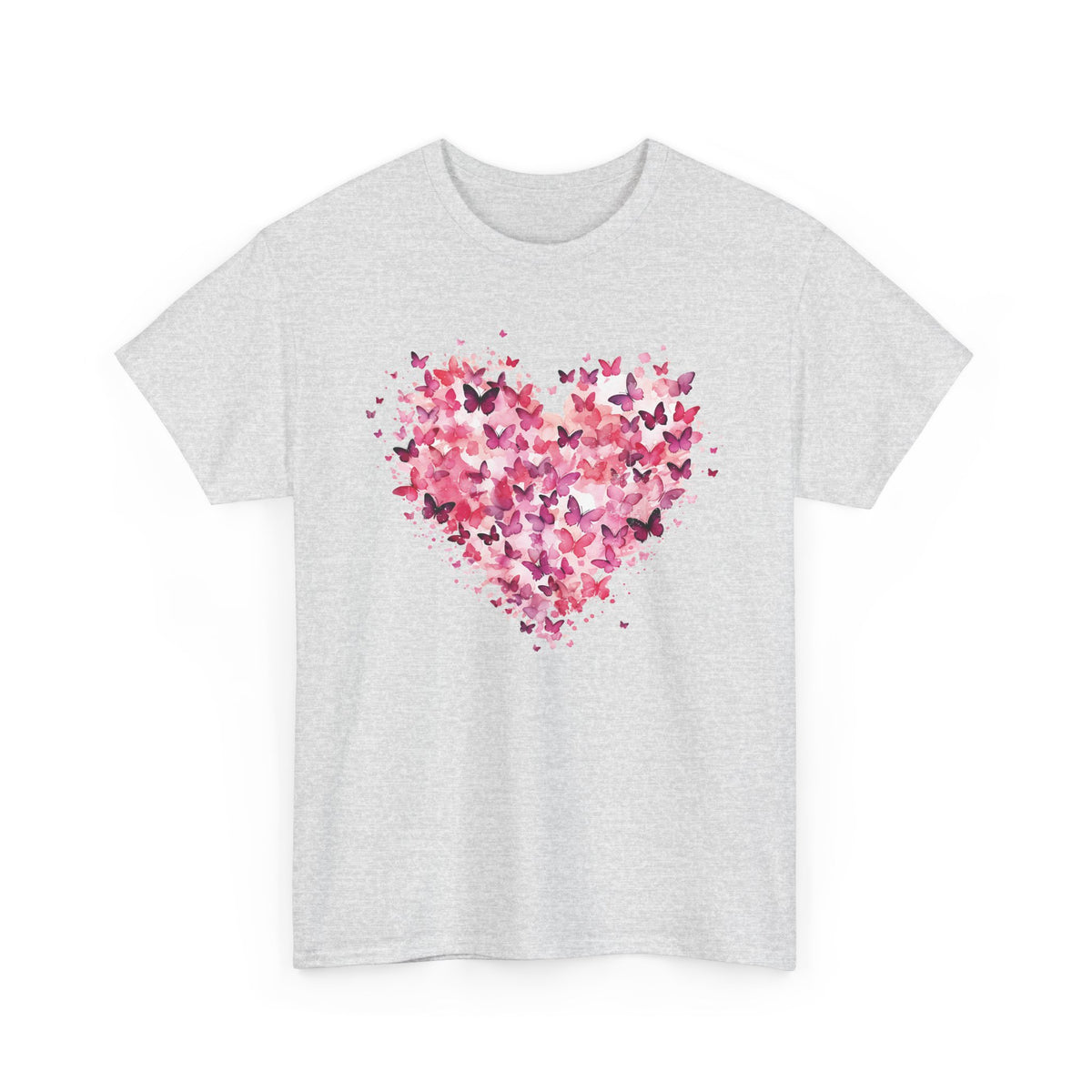 Ash pink butterfly heart t-shirt with watercolour butterflies, front view