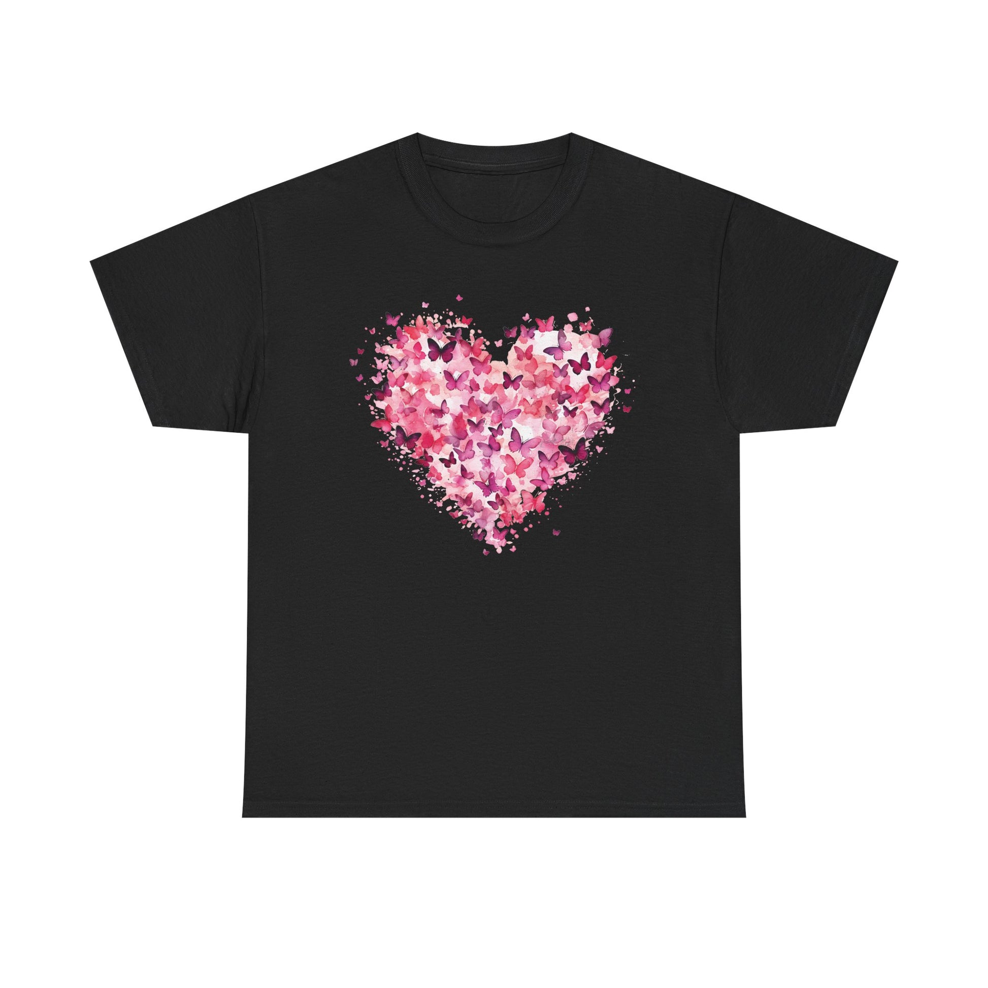 Black butterfly heart t-shirt with watercolour butterflies forming a heart