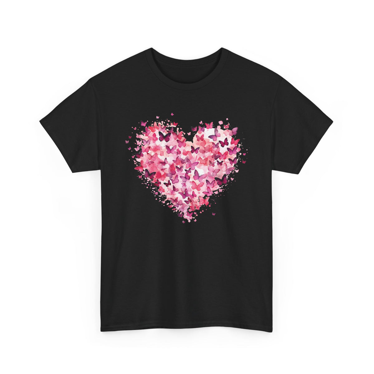 Black pink butterfly heart t-shirt with watercolour butterflies, front view
