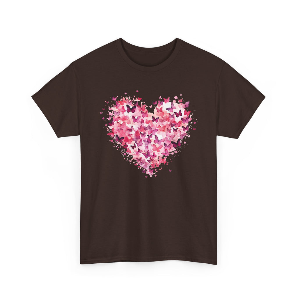 Dark Chocolate pink butterfly heart t-shirt with watercolour butterflies, front view