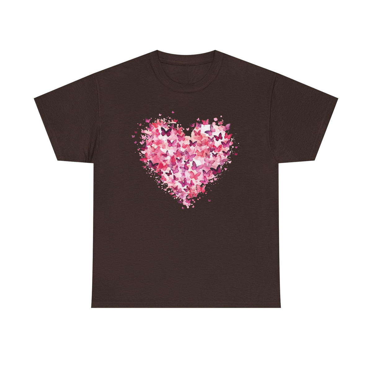Dark chocolate butterfly heart t-shirt with watercolour butterflies forming a heart