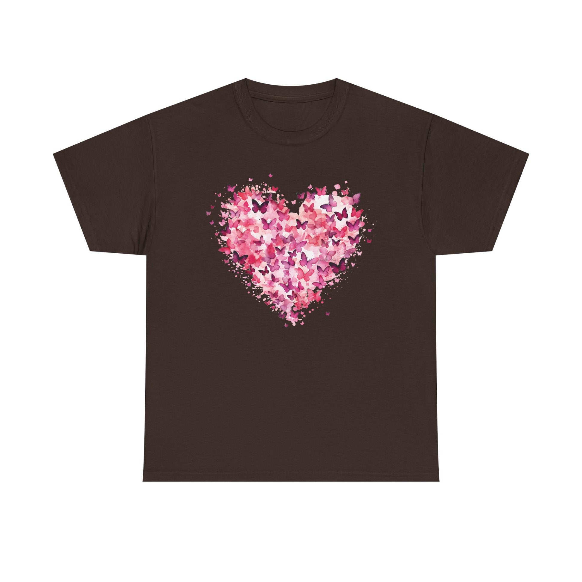 Dark chocolate butterfly heart t-shirt with watercolour butterflies forming a heart