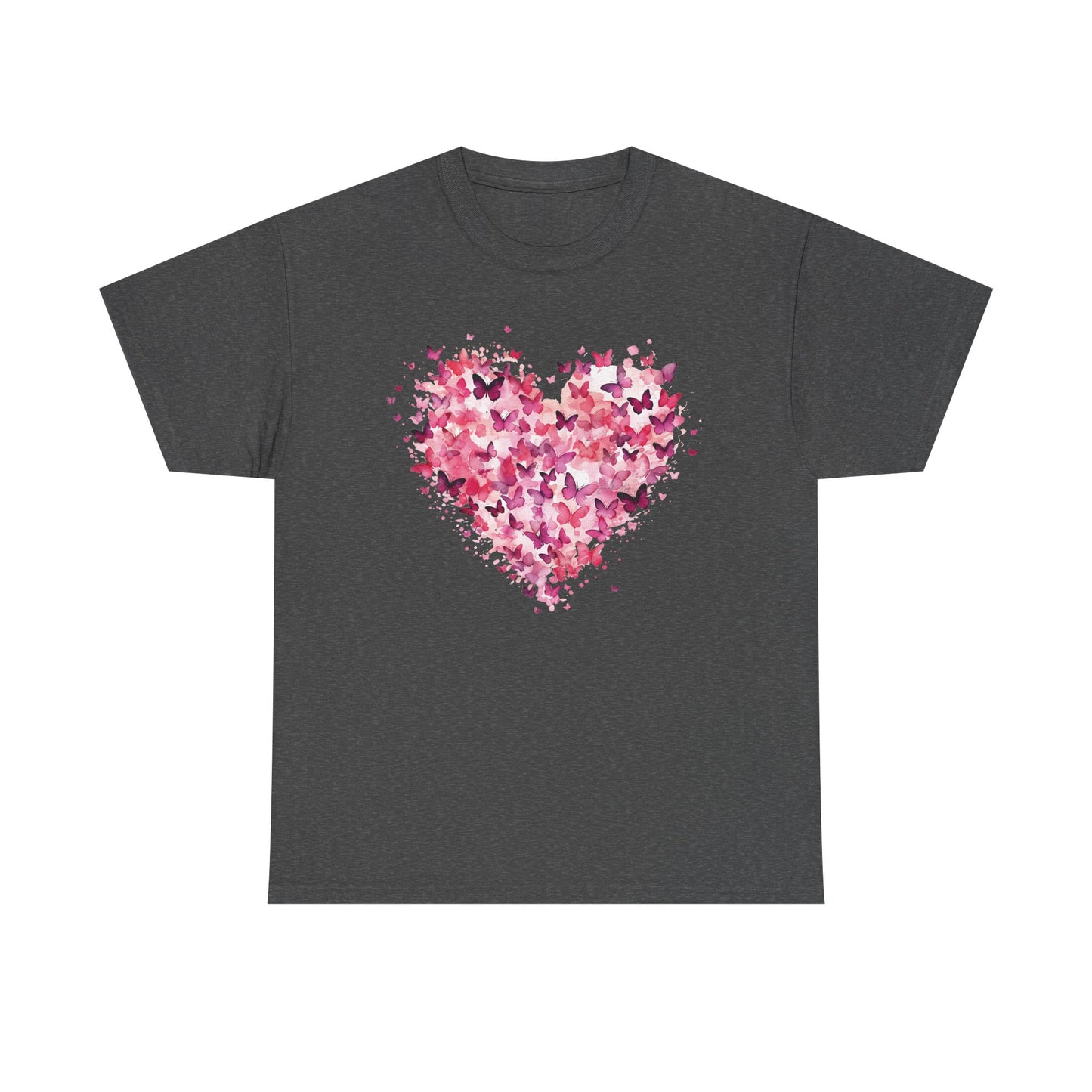 Dark heather butterfly heart t-shirt with watercolour butterflies forming a heart
