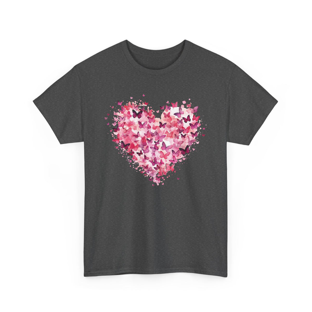 Dark Heather pink butterfly heart t-shirt with watercolour butterflies, front view