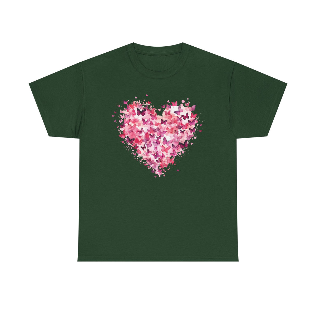Forest green butterfly heart t-shirt with watercolour butterflies forming a heart