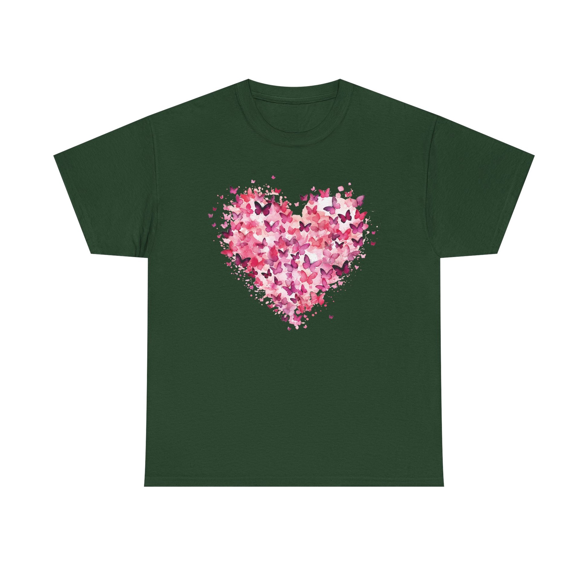 Forest green butterfly heart t-shirt with watercolour butterflies forming a heart