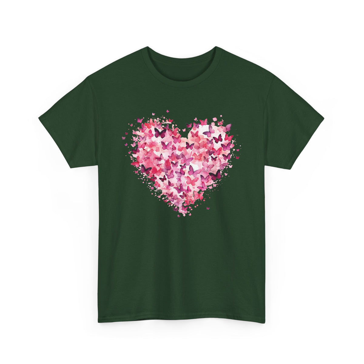 Forest Green pink butterfly heart t-shirt with watercolour butterflies, front view