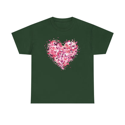 Forest green butterfly heart t-shirt with watercolour butterflies forming a heart