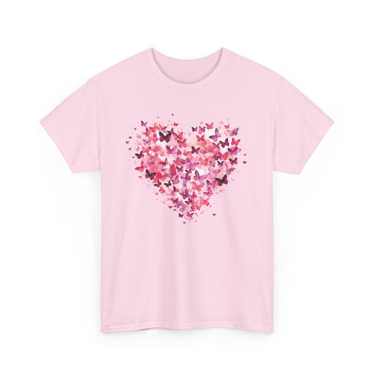 Light Pink pink butterfly heart t-shirt with watercolour butterflies, front view