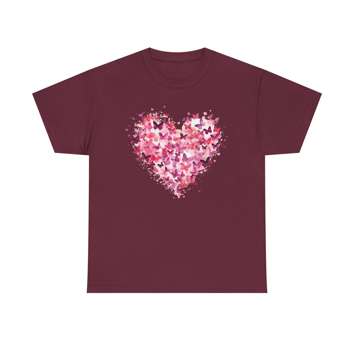 Maroon butterfly heart t-shirt with watercolour butterflies forming a heart